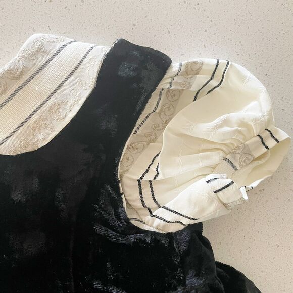 Donna Capozzi Kids 3T Dress Beige Woven Collared Baby Doll Dress Velvet Pinafore - Picture 13 of 14